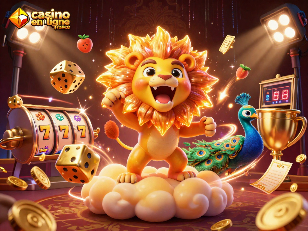 Jouez au casino en ligne France sur une scène dynamique avec un lion et des éléments de jeux de casino.