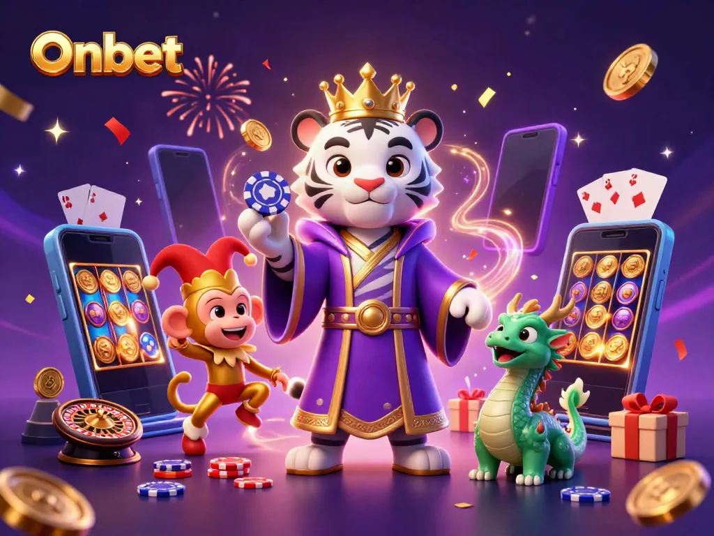 Join the animated characters of Onbet in a thrilling casino scene filled with vibrant games and excitement.