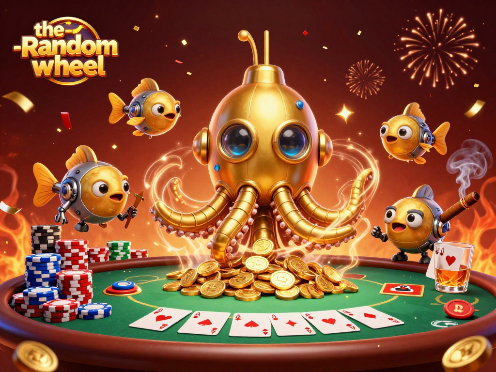 Experience the-random-wheel with a golden kraken submarine amidst poker chips and sparkling confetti.