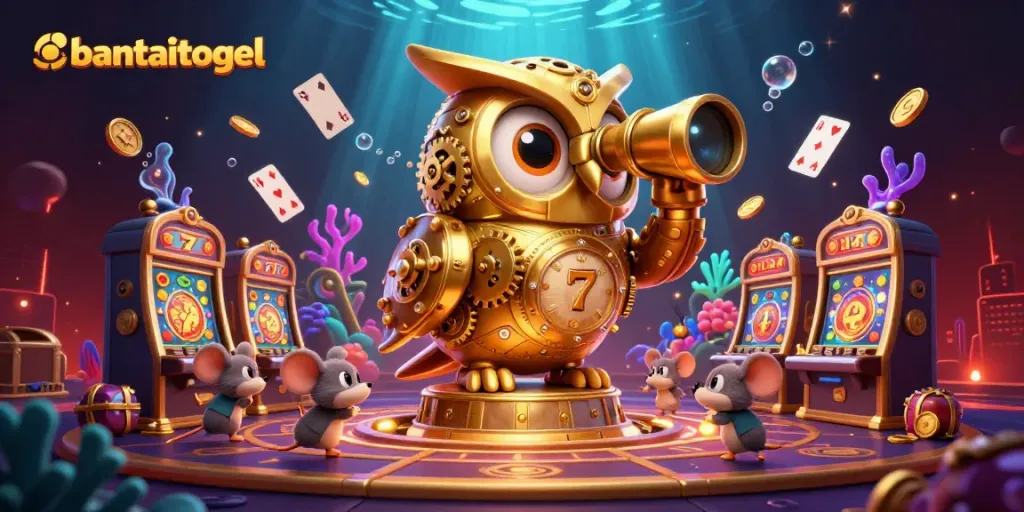 Gambar bantaitogel menampilkan burung hantu emas berputar di kasino dengan mesin slot dan koin emas.
