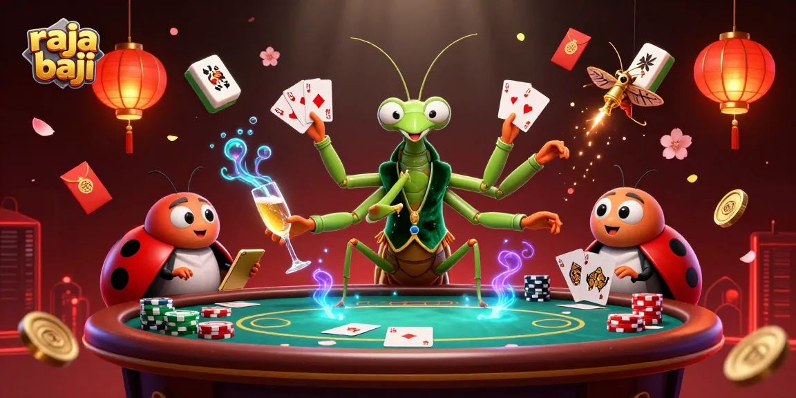 Raja Baji casino scene with a giant praying mantis, ladybug pit boss, poker action, and vibrant game elements.
