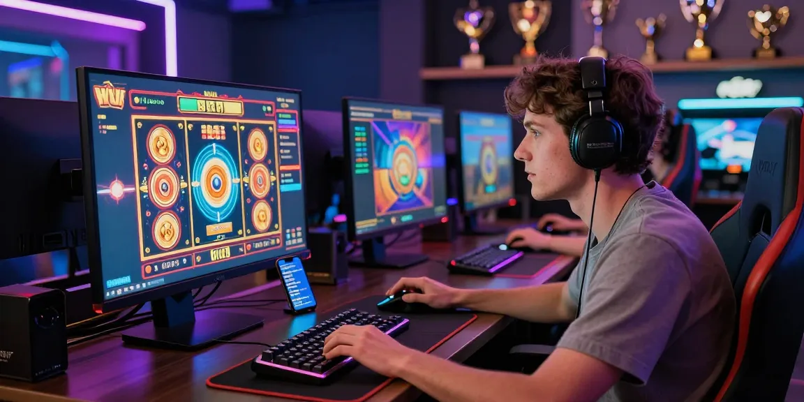 Engaged user playing on MPOCASH website, showcasing colorful online gaming interface and gaming setup.