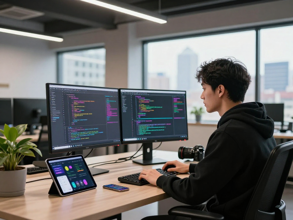 Developer coding on dual monitors in a chic workspace, exploring ai gf technology.