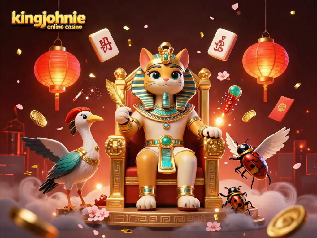 Experience the excitement of kingjohnnie online casino with vibrant Egyptian-themed characters and festive game elements.