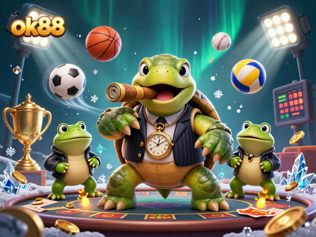 Experience the thrilling excitement of ok88 with a dynamic 3D casino illustration featuring a turtle mobster and playful bullfrogs.