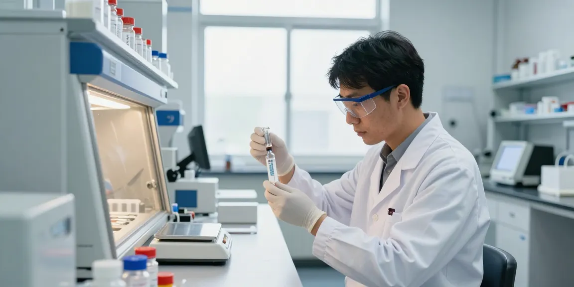 Researcher measuring wholesale peptides in a modern lab environment, emphasizing quality and precision.
