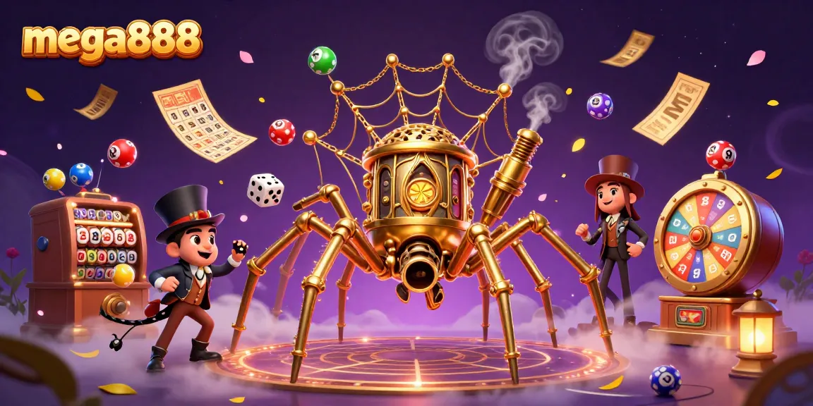 Mega888 catches lucky dice in a golden spider web, symbolizing big wins at online casinos.