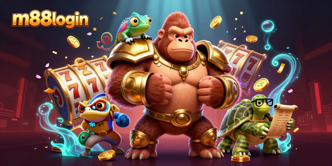 Engage with m88login in a vibrant 3D casino scene highlighting exciting slot reels and dynamic characters.