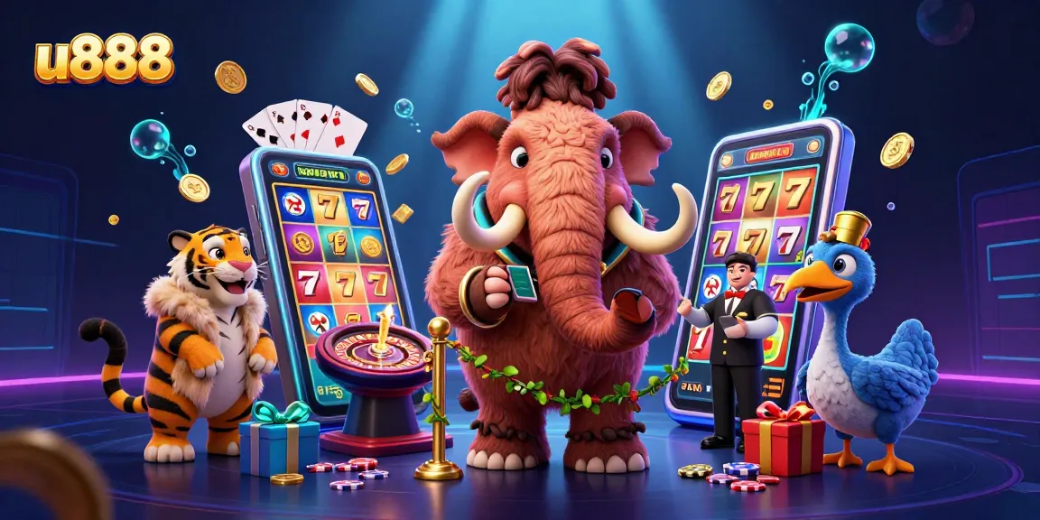 u888 casino scene with a mammoth bouncer, saber-tooth guest, and colorful slot game elements