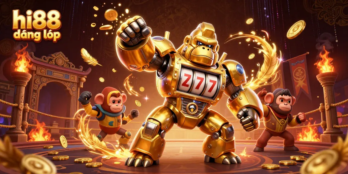Experience excitement with hi88 đăng nhập in a dynamic casino-themed 3D illustration featuring a golden gorilla mech.