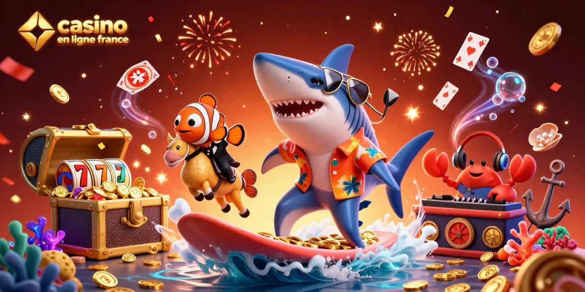 Vivez l'excitation du casino en ligne France avec un requin surfeur et une ambiance festive aquatique.