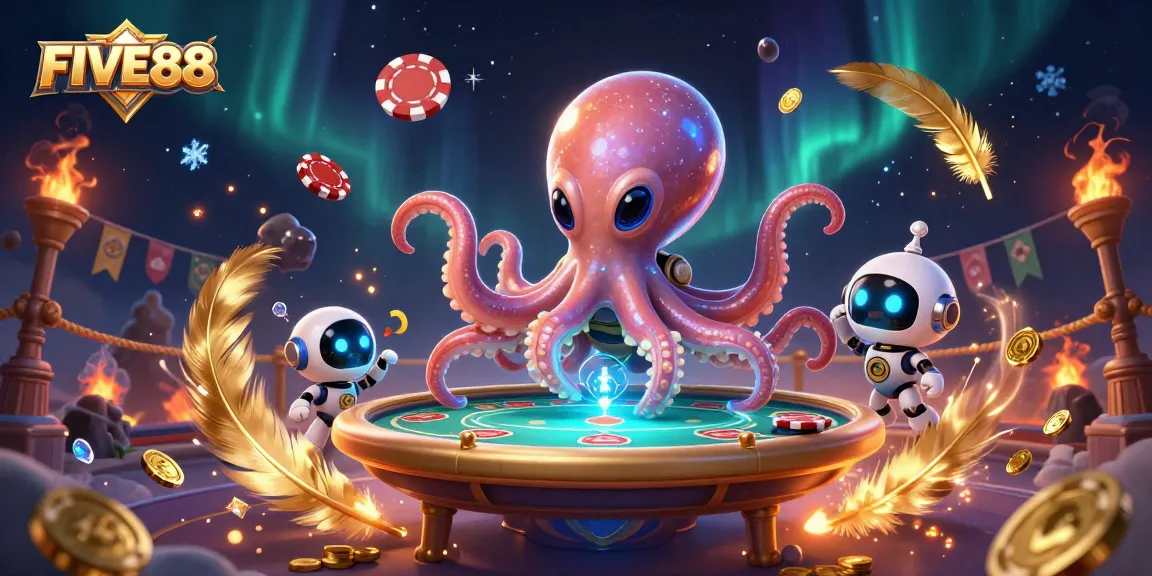 Engage with FIVE88's thrilling cosmic poker experience featuring an alien octopus!