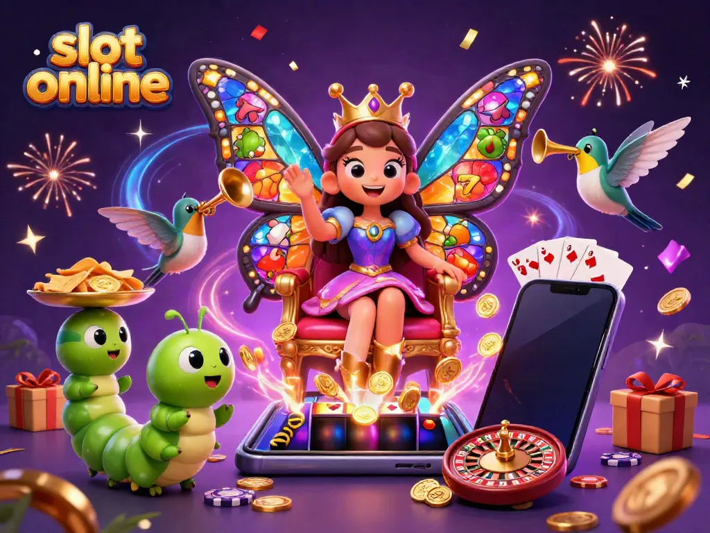 Engage with thrilling slot online gameplay featuring a cartoon butterfly queen and dynamic casino elements.