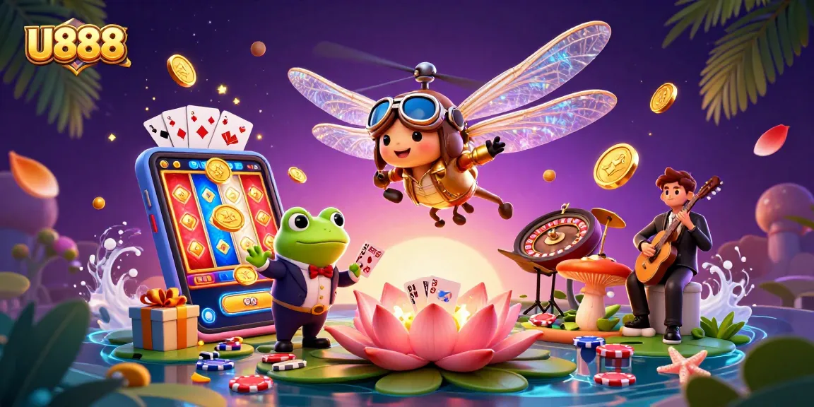 Play exciting games at U888 with a vibrant 3D scene featuring a dragonfly pilot and a frog dealer.