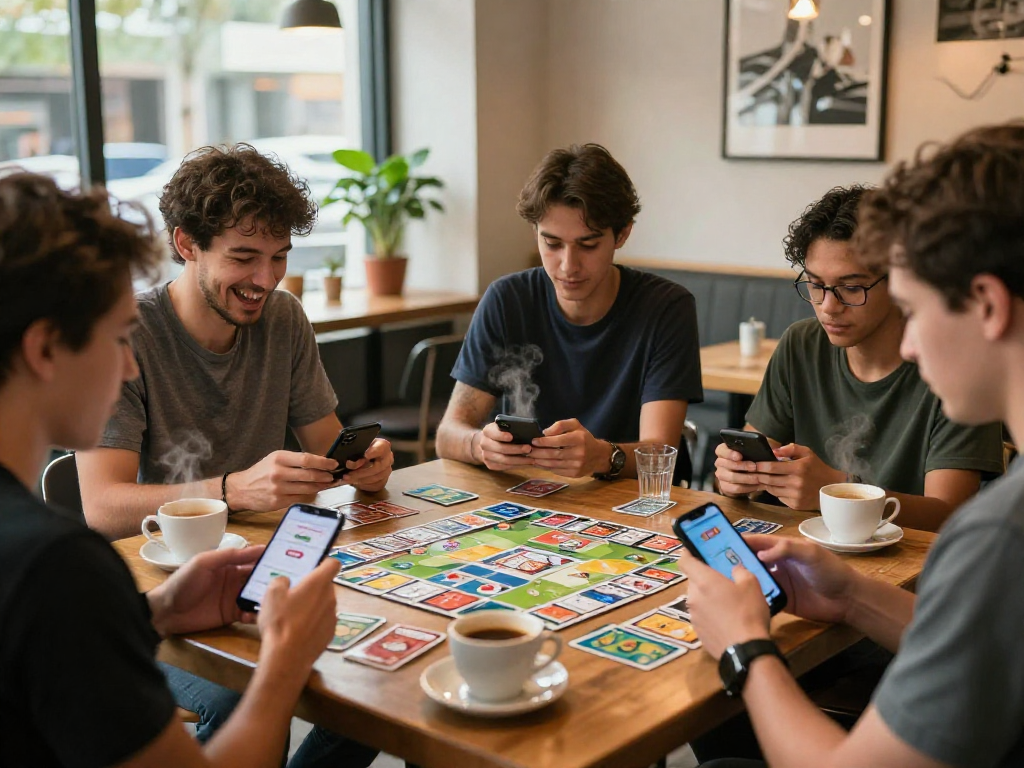 Players joyfully engaged in ramble rummy at a cafe, showcasing mobile gameplay with cards and coffee.
