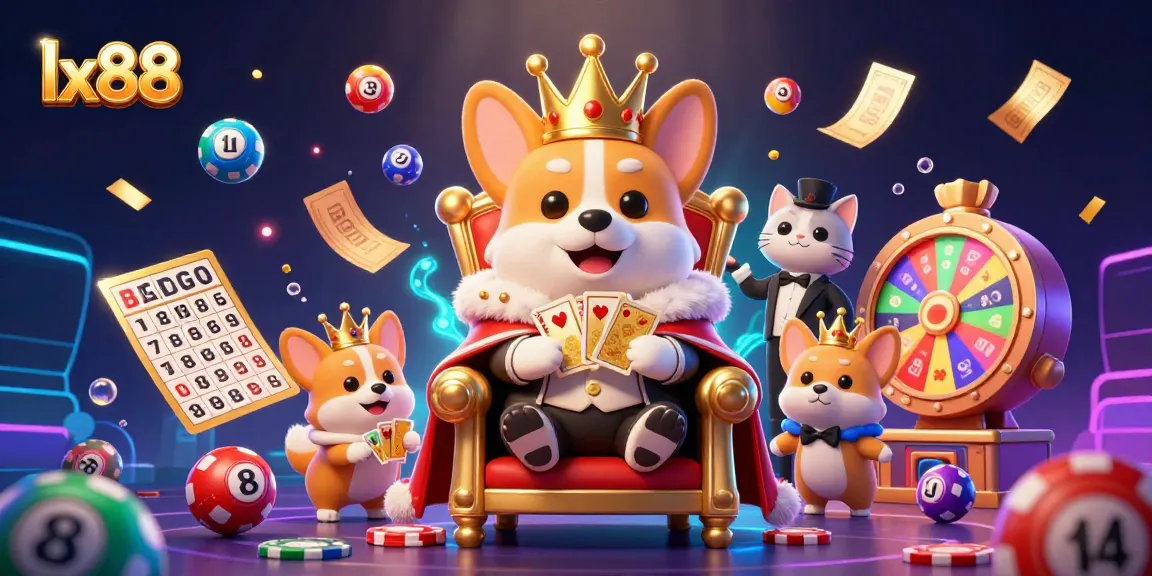 Experience the excitement of lx88 with a royal corgi and engaging lottery elements in this vibrant casino scene.