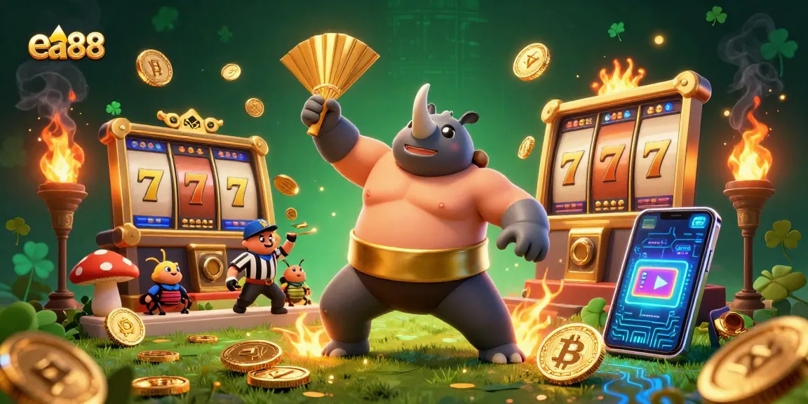 Experience the thrilling gameplay of ea88 as the rhinoceros beetle champion stomps, launching golden coins while Bitcoin and Ethereum float around.