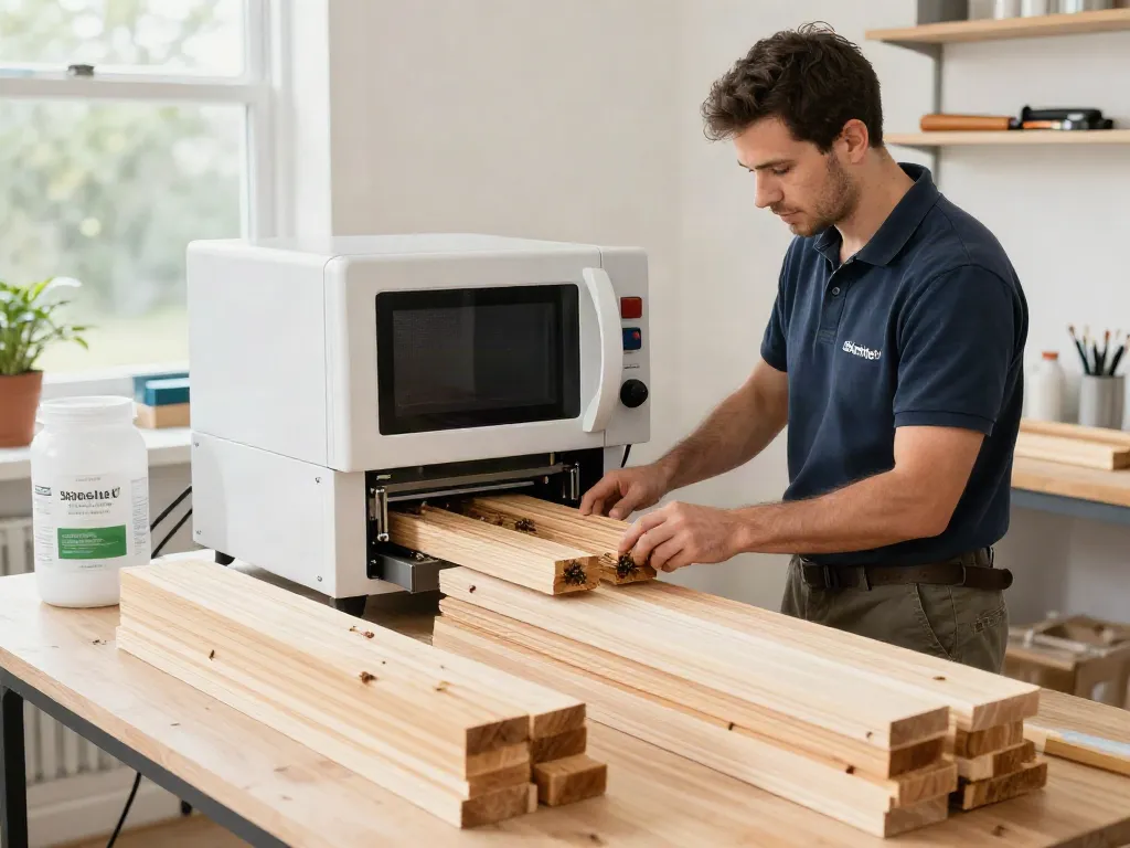 Shashel® technician treating wood with microwave technology in a bright workshop.