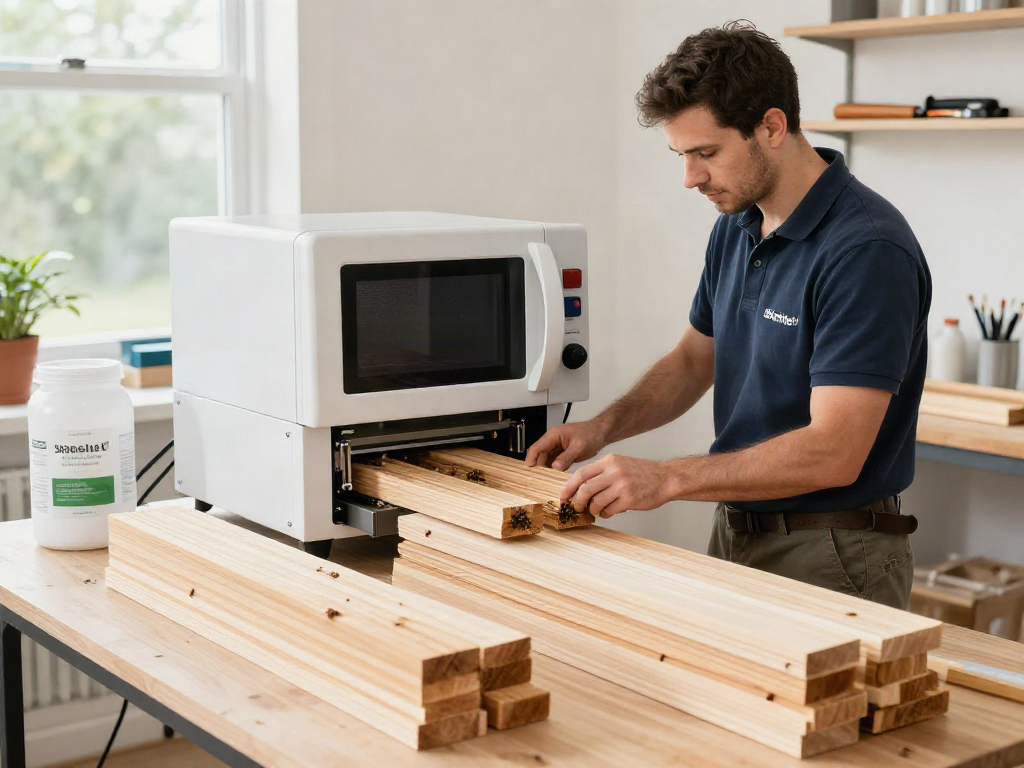 Shashel® technician treating wood with microwave technology in a bright workshop.