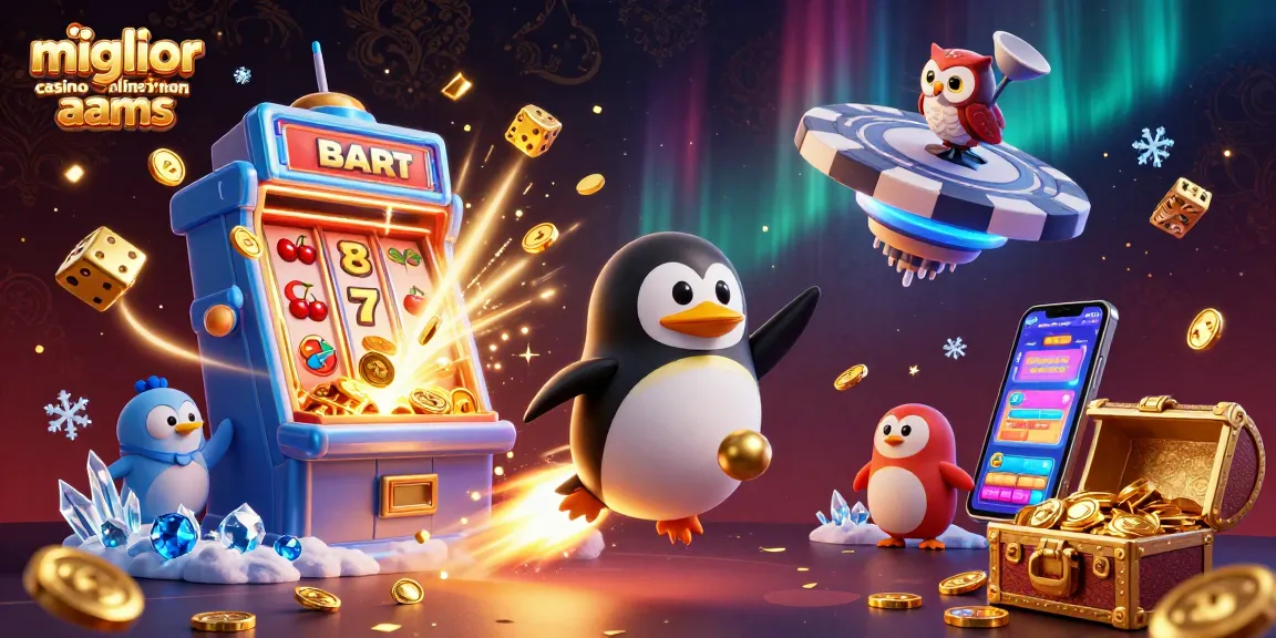 Scopri il miglior casino online non aams con un vibrante pinguino dorato che vola verso un casinò spaziale.