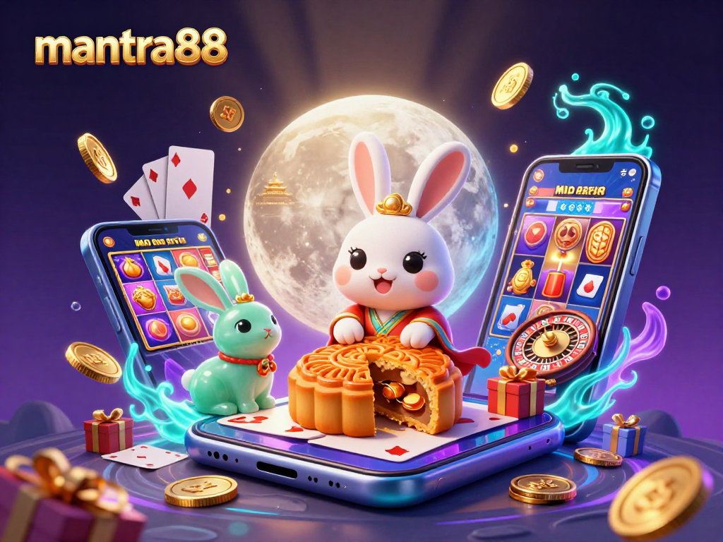 Experience mantra88's vibrant 3D illustration featuring a moon rabbit and interactive casino elements.