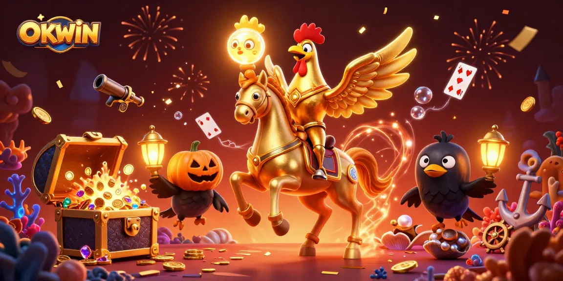 Experience thrilling gaming at OKWIN with a golden rooster in a midnight casino scene.