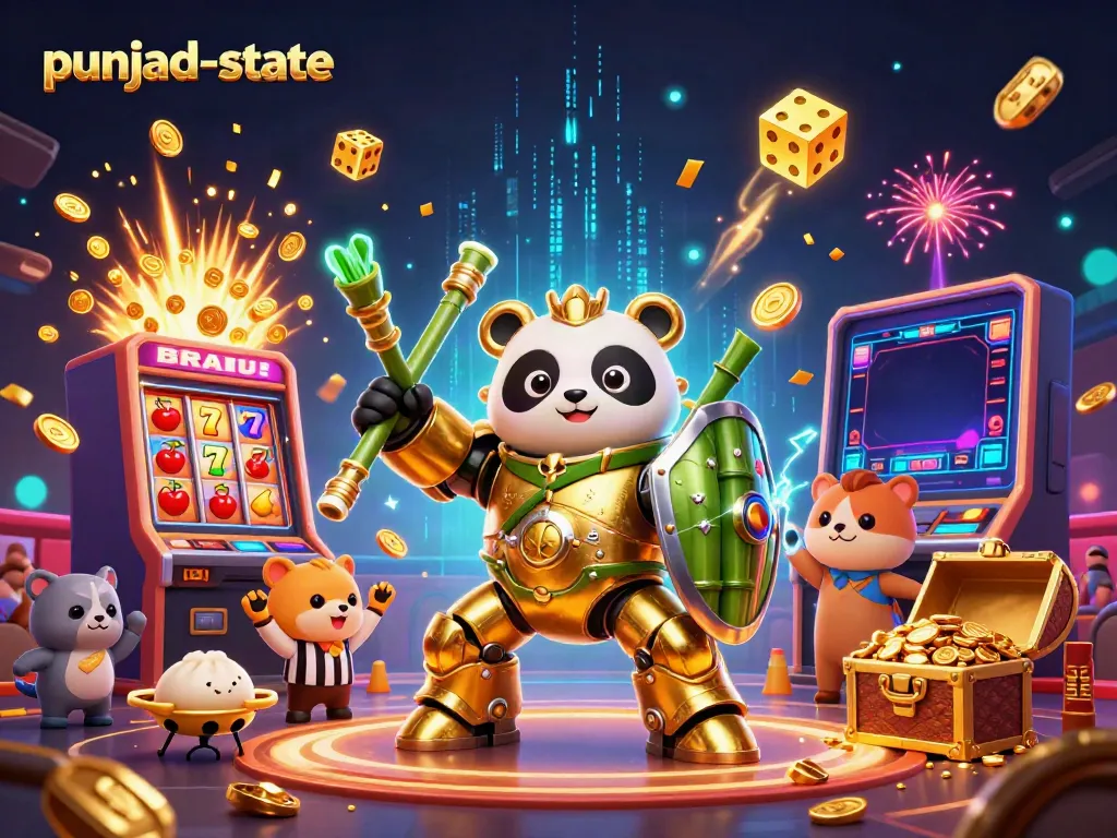 Experience explosive casino gaming action with punjab-state's vibrant panda robot showdown and jackpot celebration.