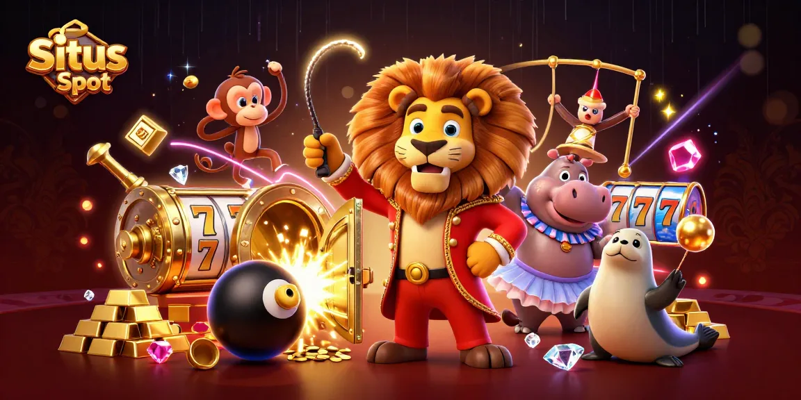 Situs Slot menarik dengan singa pengatur sirkus, hippo, dan monyet berkilau, penuh keseruan permainan.