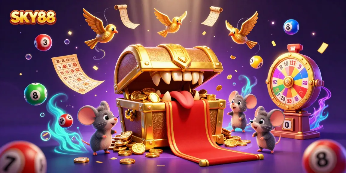 Engage with SKY88's thrilling lottery experience featuring vibrant elements and treasures.