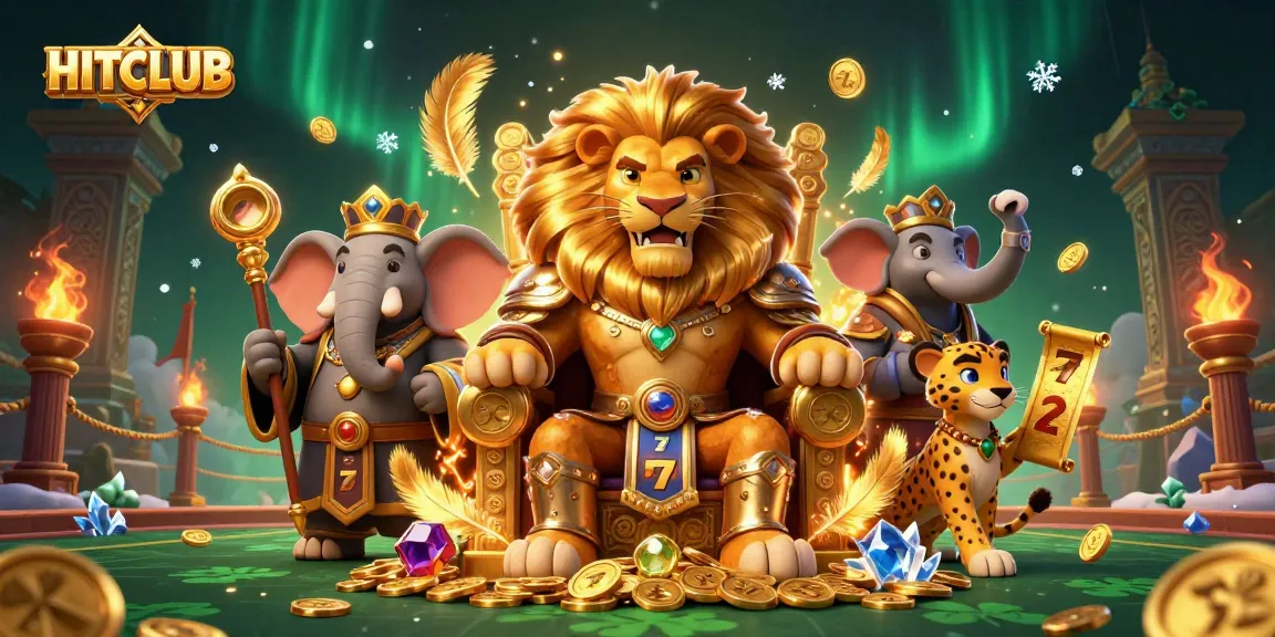 Join the HITCLUB adventure with a powerful lion king, wise elephant, and swift cheetah in a thrilling casino scene.