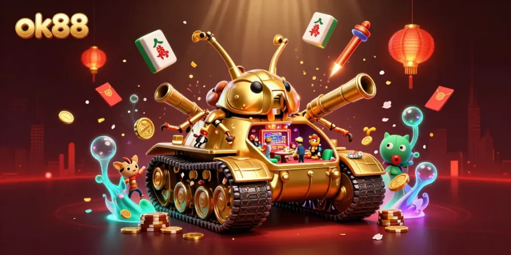 Join the fun at ok88, a vibrant scene of a 3D golden beetle tank casino with festive elements.