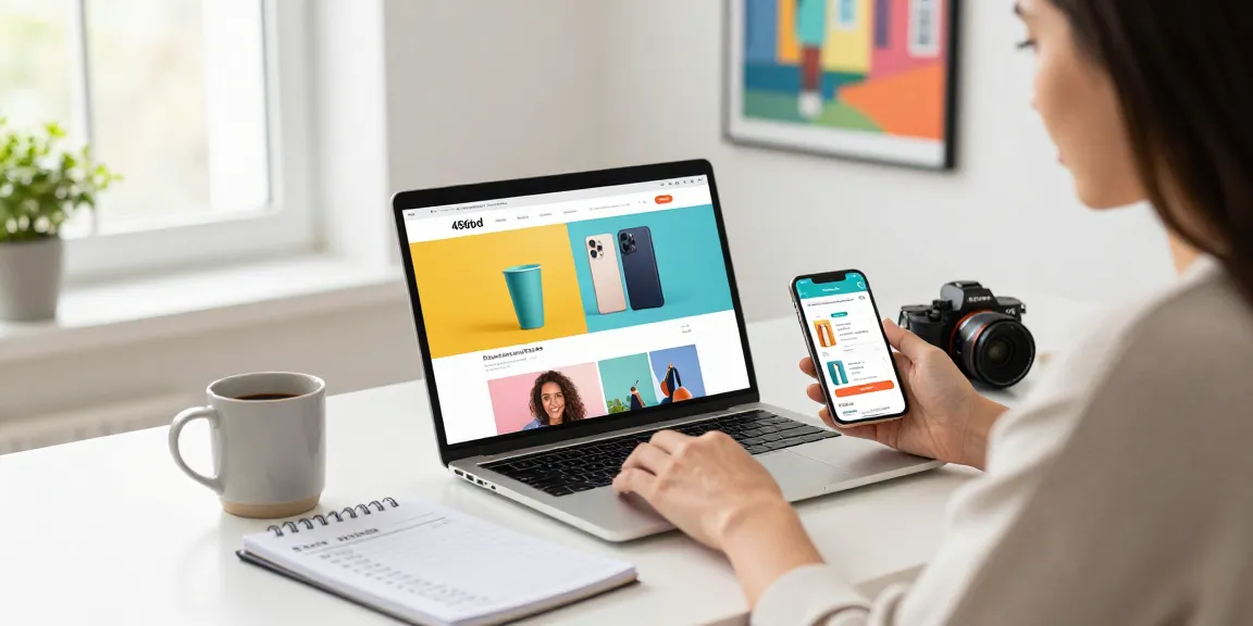 Engaging woman exploring 456bd e-commerce products on a sleek laptop in a vibrant workspace.