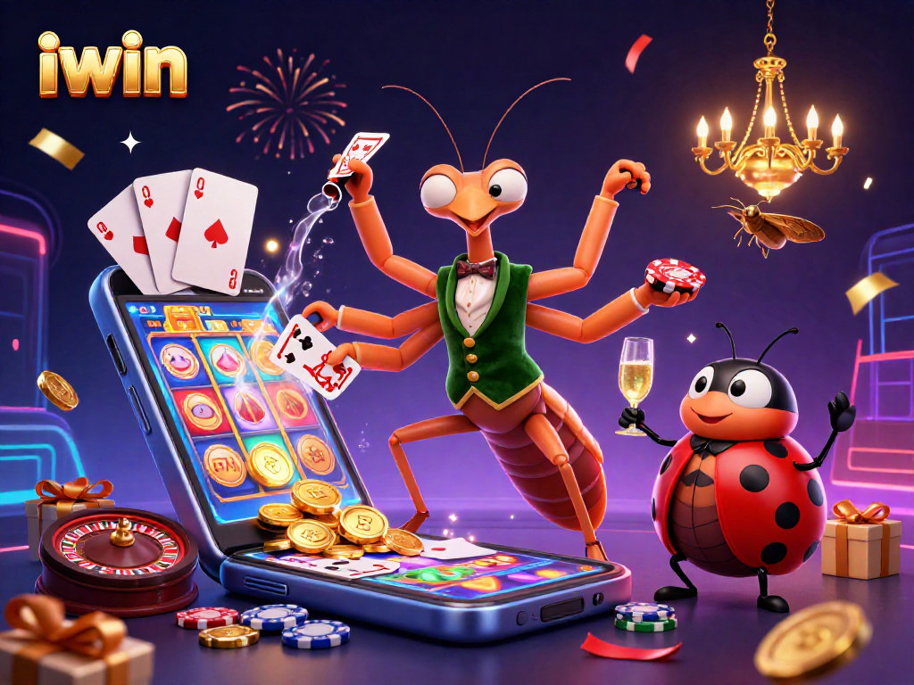 Experience the excitement of iwin casino games with a vibrant 3D illustration featuring a mantis card sharp.