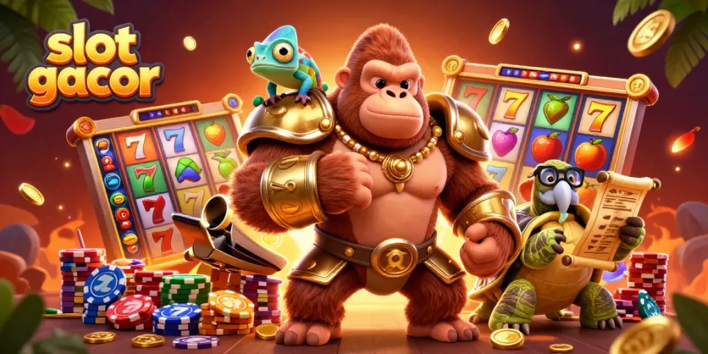 Engage with slot gacor action featuring a king gorilla and dynamic slot reels, showcasing excitement and vibrant colors.