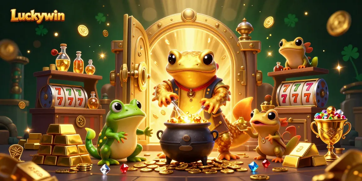 Experience the magical gold transformation at Luckywin, with enchanting characters and vibrant casino elements.