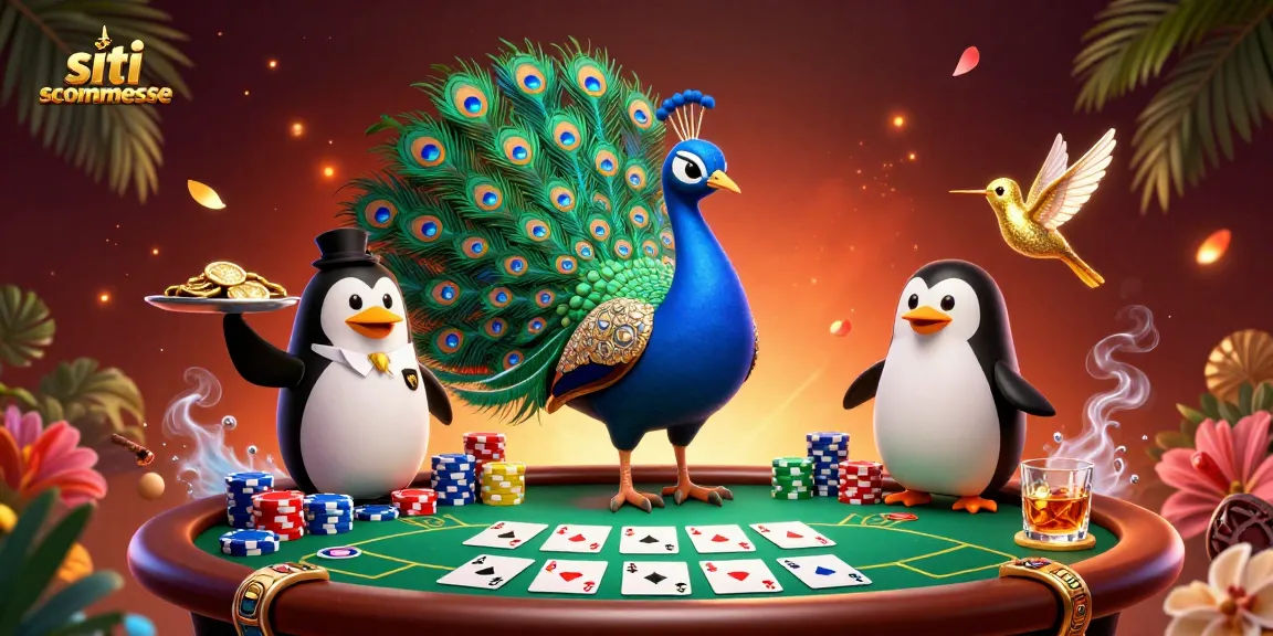 Scopri le offerte dei siti scommesse con un pavone elegante e un pinguino, immersi nel gioco.