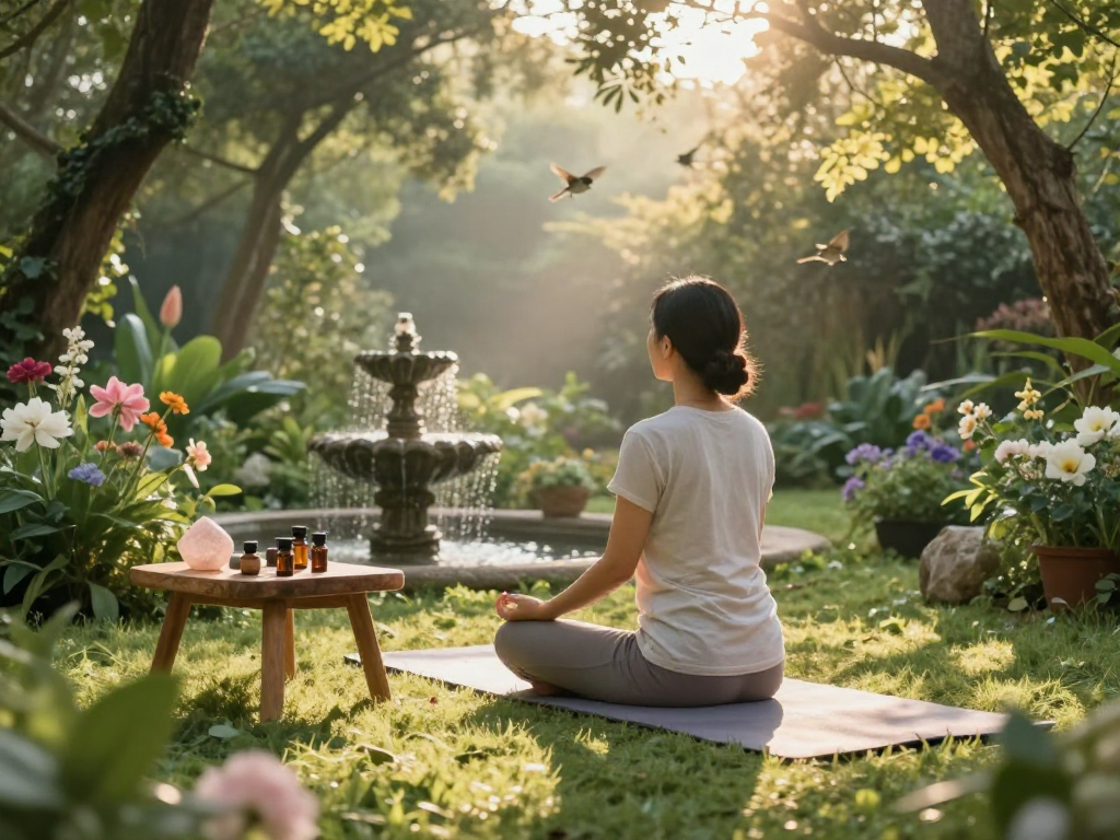 Experience mantra88 in a tranquil meditation setting with essential oils and nature's beauty