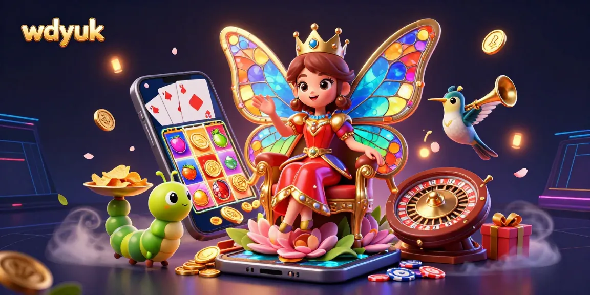Engage with wdyuk, showcasing a colorful slot game scenario with a butterfly queen and dynamic casino elements.
