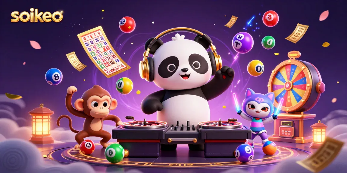 Engage in thrilling gameplay with soikeo, featuring a DJ panda, dancing monkey, and glowing kitten in a vibrant casino scene.
