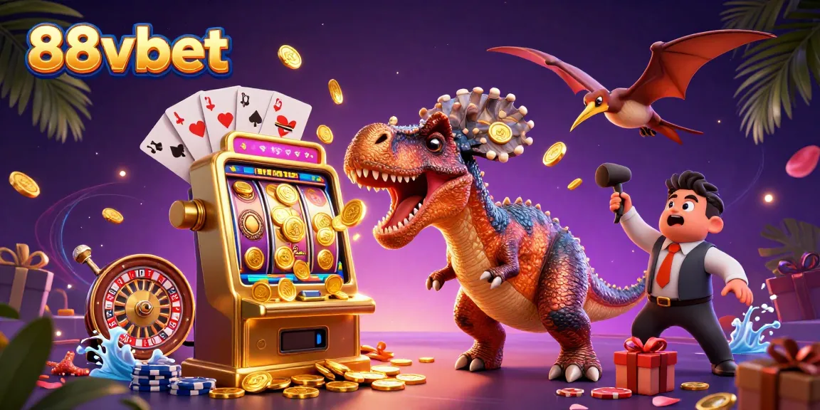 88vbet showcases a vibrant casino scene with a dinosaur jackpot coin explosion, emphasizing the thrill of winning.