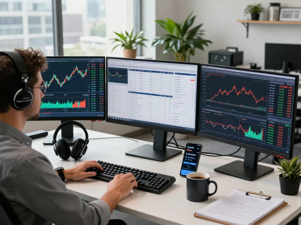 Engaged trader analyzing TradingView charts on multiple monitors in a modern office, showcasing high-tech trading environment.