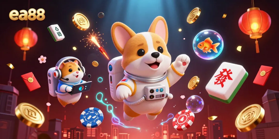 ea88 brings excitement with floating casino elements and characters in a vibrant cosmic scene.