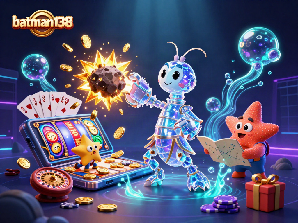 Join the action at batman138 with vibrant slot games and high stakes, featuring dynamic characters in a colorful casino scene.