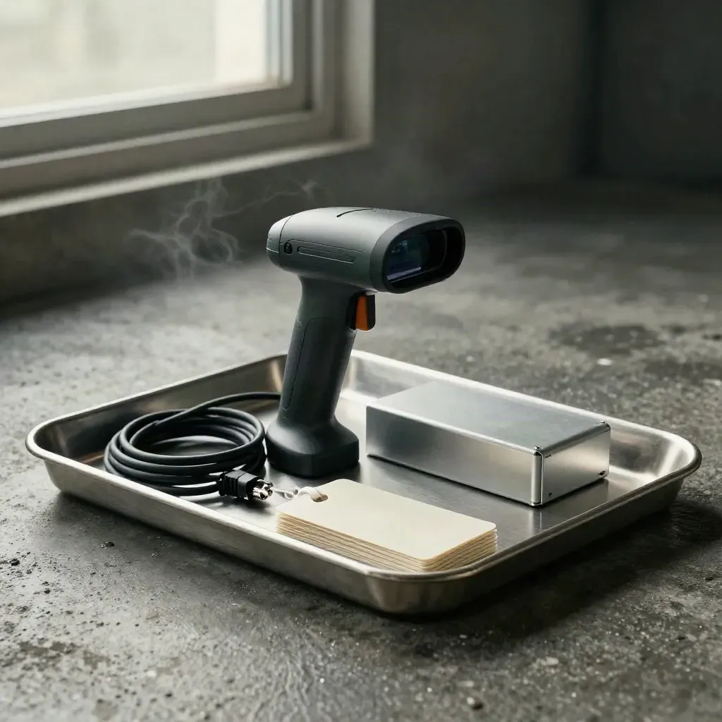 Brushed-steel tray with scanner, drive, cable and blank tags on wet concrete in soft haze.