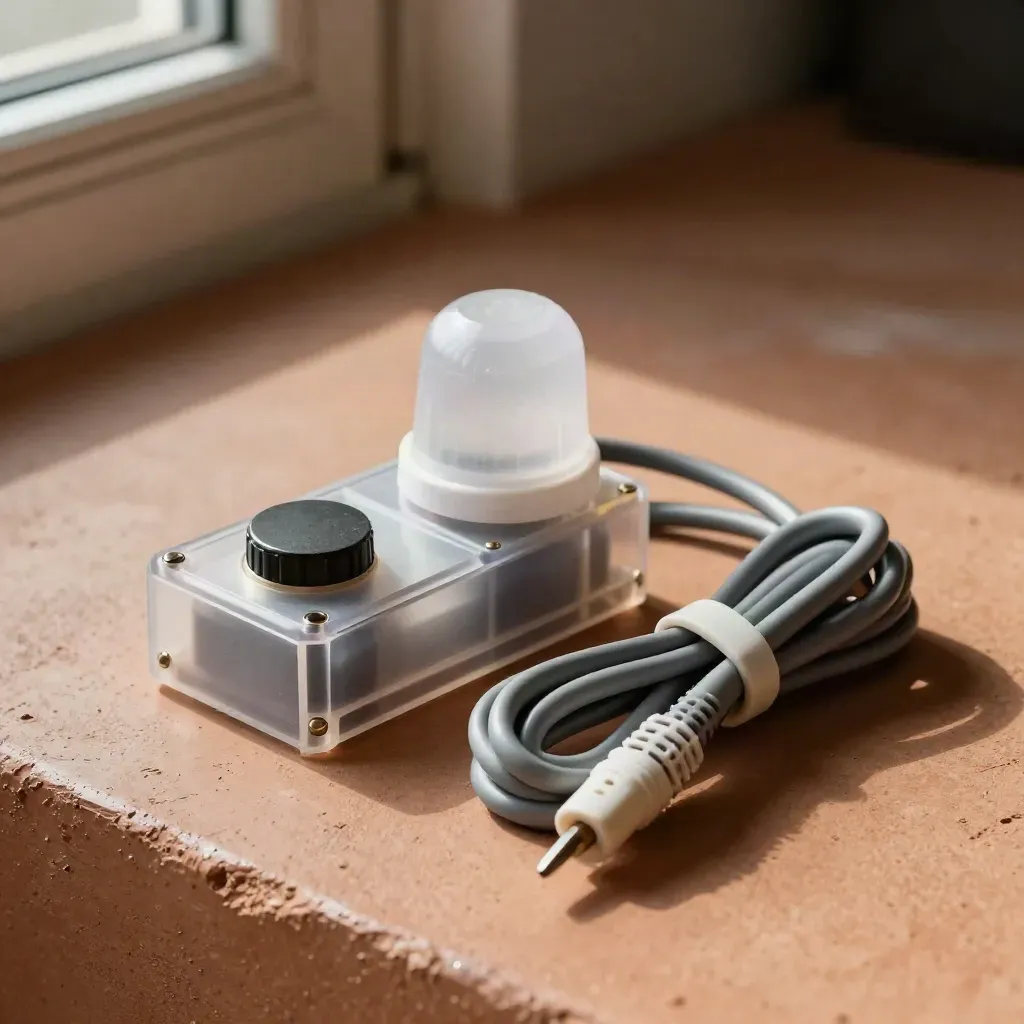 Relay module, beacon housing and coiled tester lead on terracotta concrete in dark bokeh.