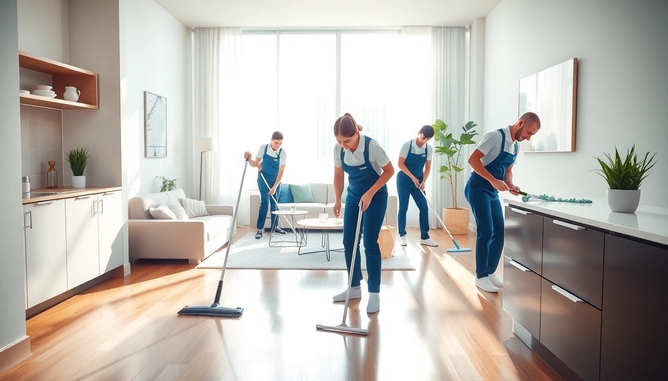 Performing Bond cleaning Logan services with professional cleaners in a bright, organized apartment setting.