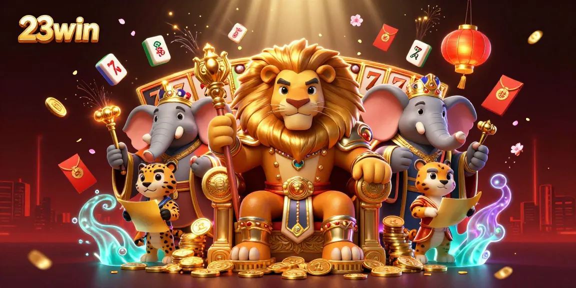 Experience thrilling jackpots with the fierce lion king and friends at 23win in this dynamic casino scene.