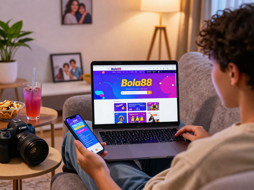 Bola88 platform user engaging with online betting features in a cozy living room.