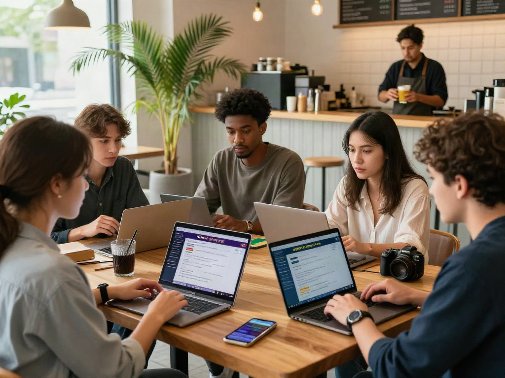 Users discussing 먹튀스팟 검증사이트 in a modern café, showcasing online gambling safety.