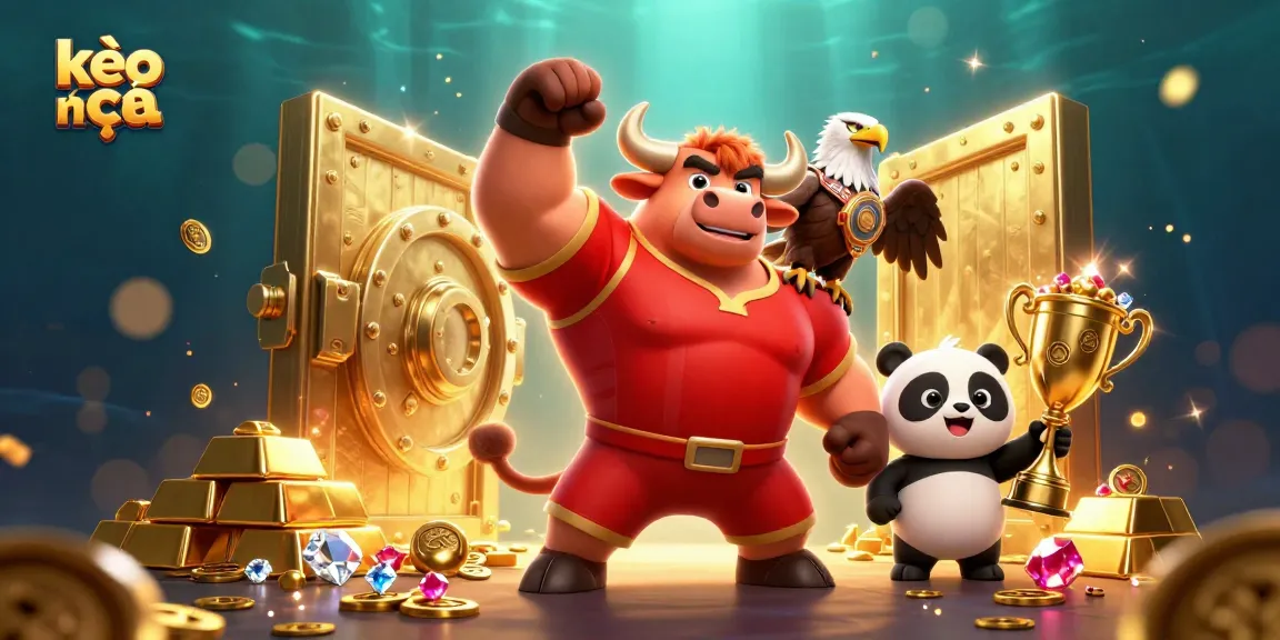 Bet on kèo nhà cái with a joyful panda, a victory-posing bull, and a championship eagle in a gleaming casino setting.